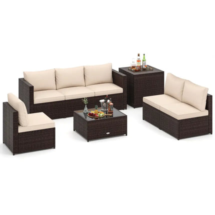 8 Piece Patio Furniture Set with Storage Box and Tempered Glass Coffee Table-Beige - Beige - Patio Conversation Sets