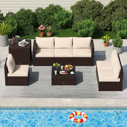 8 Piece Patio Furniture Set with Storage Box and Tempered Glass Coffee Table-Beige - Beige - Patio Conversation Sets