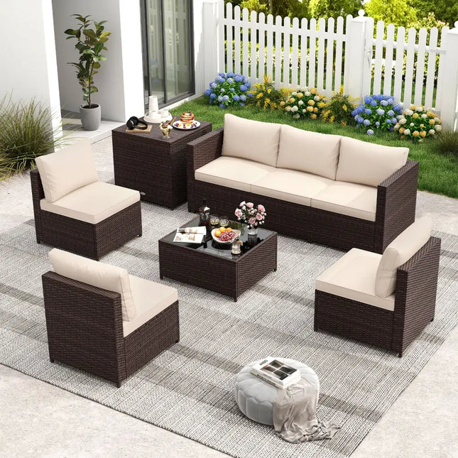 8 Piece Patio Furniture Set with Storage Box and Tempered Glass Coffee Table-Beige - Beige - Patio Conversation Sets