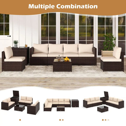 8 Piece Patio Furniture Set with Storage Box and Tempered Glass Coffee Table-Beige - Beige - Patio Conversation Sets