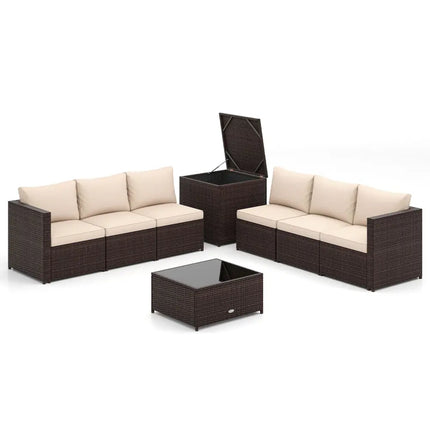 8 Piece Patio Furniture Set with Storage Box and Tempered Glass Coffee Table-Beige - Beige - Patio Conversation Sets