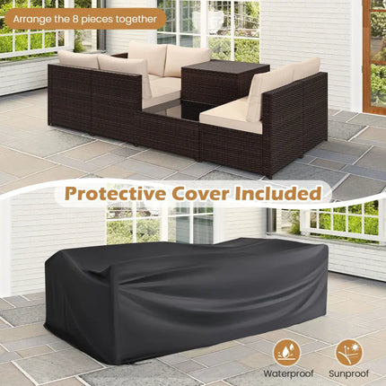 8 Piece Patio Furniture Set with Storage Box and Tempered Glass Coffee Table-Beige - Beige - Patio Conversation Sets