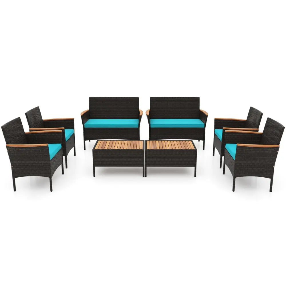 8 Piece Patio Wicker Sofa Set 4 Rattan Chairs and 2 Loveseat with 2 Table-Turquoise - Turquoise - Patio Conversation