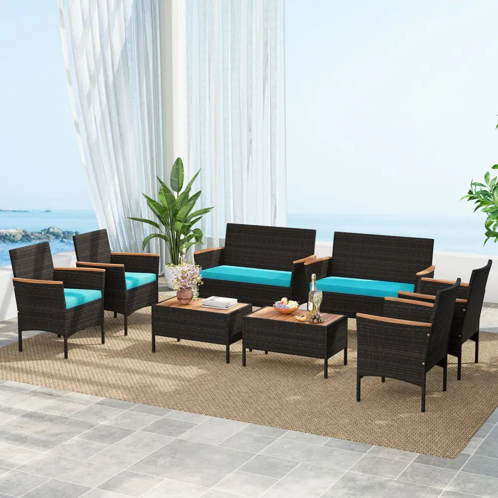 8 Piece Patio Wicker Sofa Set 4 Rattan Chairs and 2 Loveseat with 2 Table-Turquoise - Turquoise - Patio Conversation