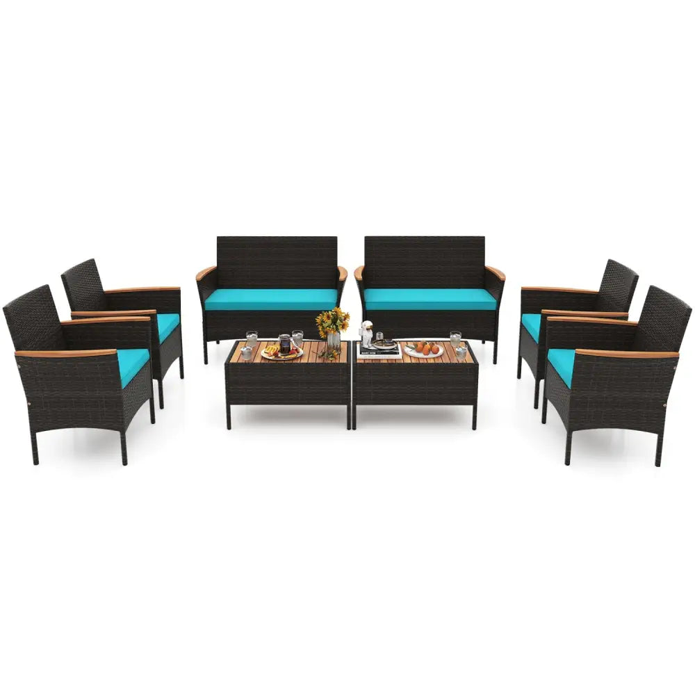 8 Piece Patio Wicker Sofa Set 4 Rattan Chairs and 2 Loveseat with 2 Table-Turquoise - Turquoise - Patio Conversation