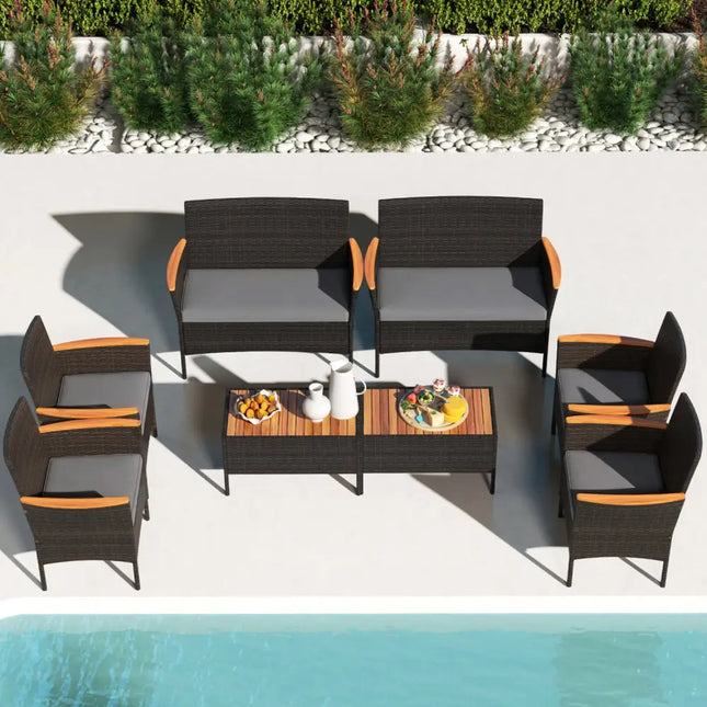 8 Piece Patio Wicker Sofa Set 4 Rattan Chairs and 2 Loveseat with 2 Table-Gray - Gray - Patio Conversation Sets