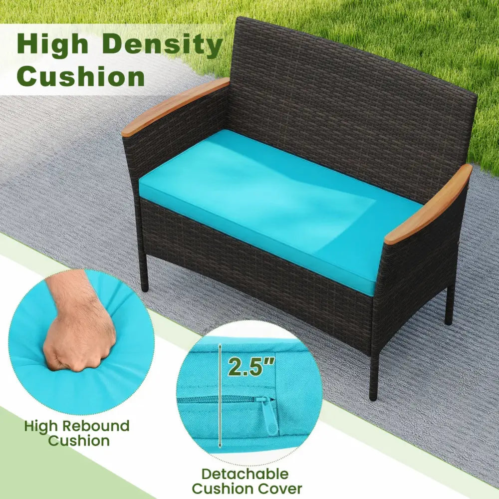 8 Piece Patio Wicker Sofa Set 4 Rattan Chairs and 2 Loveseat with 2 Table-Turquoise - Turquoise - Patio Conversation