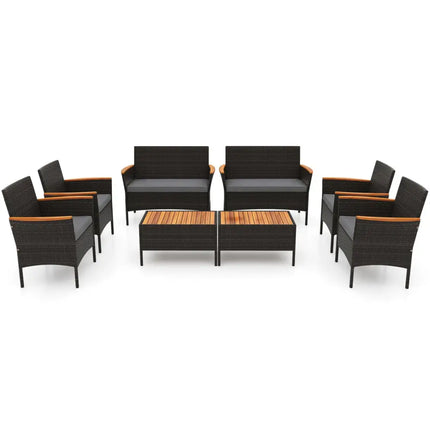 8 Piece Patio Wicker Sofa Set 4 Rattan Chairs and 2 Loveseat with 2 Table-Gray - Gray - Patio Conversation Sets