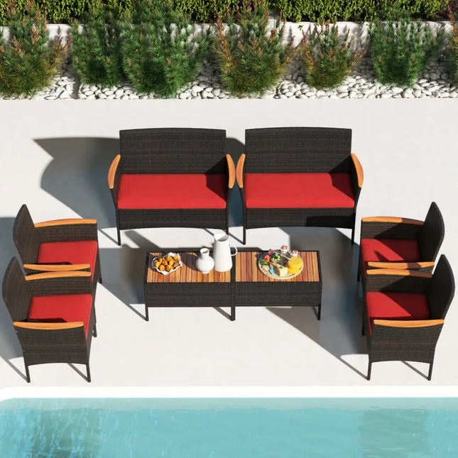 8 Piece Patio Wicker Sofa Set 4 Rattan Chairs and 2 Loveseat with 2 Table-Red - Red - Patio Conversation Sets