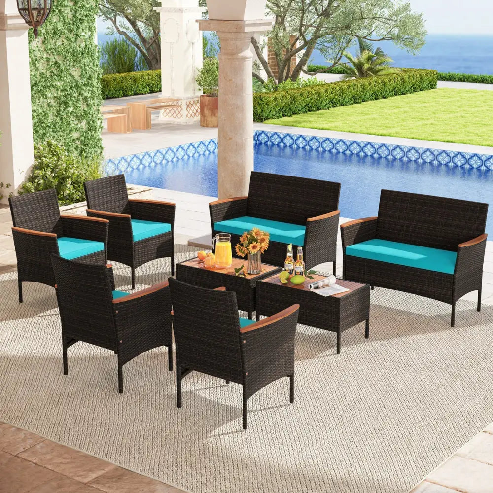 8 Piece Patio Wicker Sofa Set 4 Rattan Chairs and 2 Loveseat with 2 Table-Turquoise - Turquoise - Patio Conversation