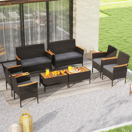 8 Piece Patio Wicker Sofa Set 4 Rattan Chairs and 2 Loveseat with 2 Table-Gray - Gray - Patio Conversation Sets