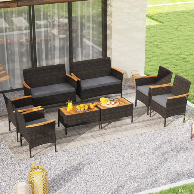 8 Piece Patio Wicker Sofa Set 4 Rattan Chairs and 2 Loveseat with 2 Table-Gray - Gray - Patio Conversation Sets