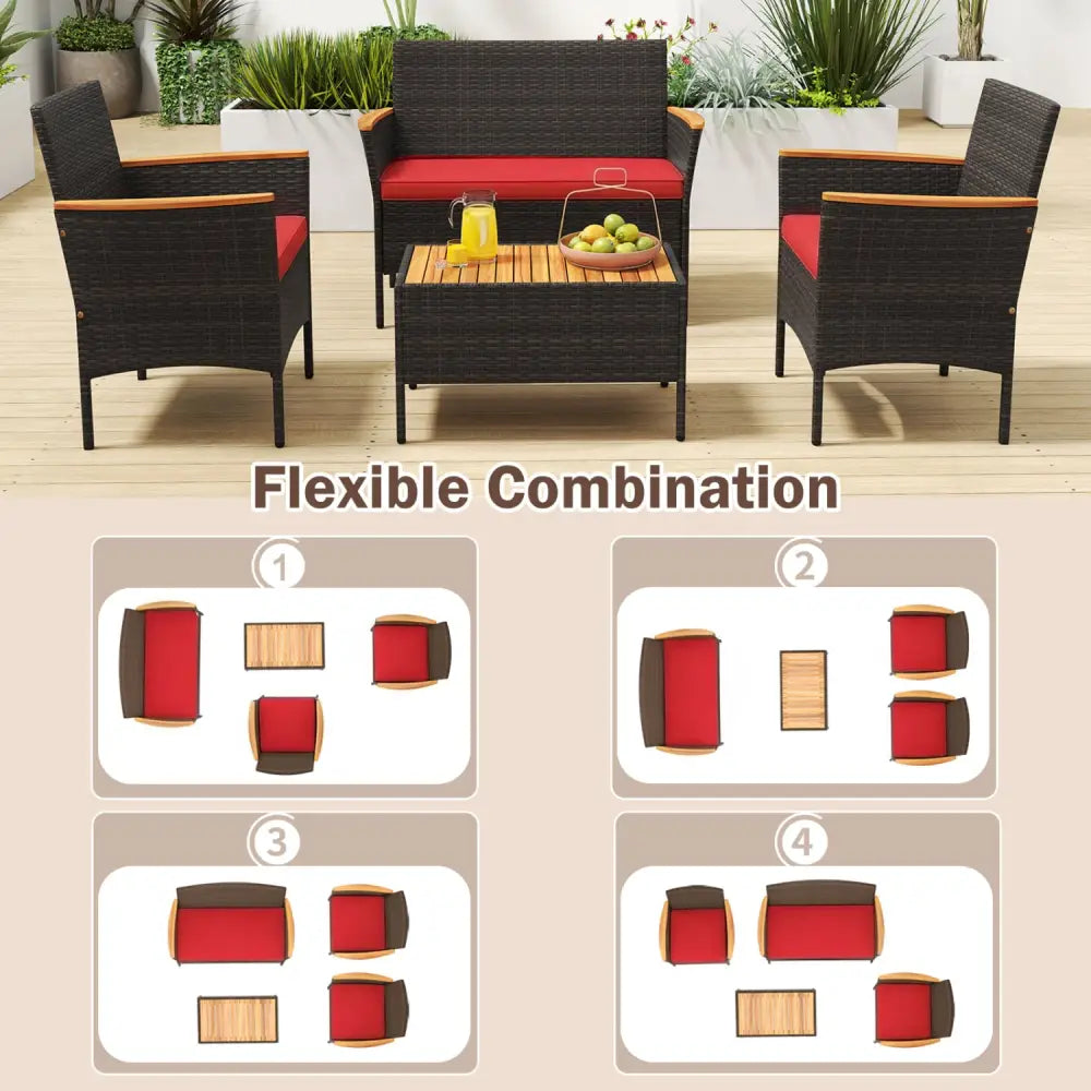 8 Piece Patio Wicker Sofa Set 4 Rattan Chairs and 2 Loveseat with 2 Table-Red - Red - Patio Conversation Sets