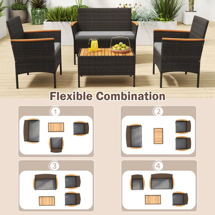 8 Piece Patio Wicker Sofa Set 4 Rattan Chairs and 2 Loveseat with 2 Table-Gray - Gray - Patio Conversation Sets