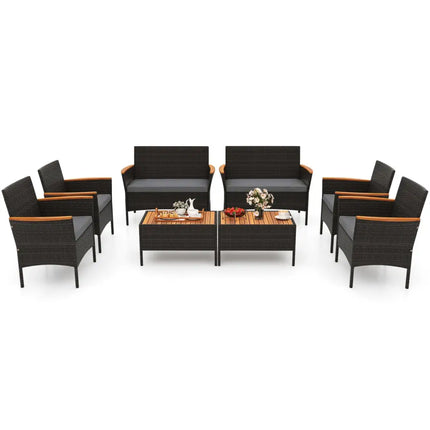 8 Piece Patio Wicker Sofa Set 4 Rattan Chairs and 2 Loveseat with 2 Table-Gray - Gray - Patio Conversation Sets