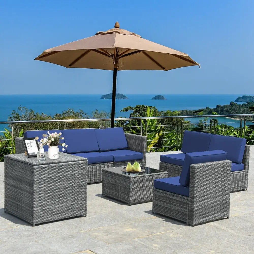 8 Piece Wicker Sofa Rattan Dinning Set Patio Furniture with Storage Table-Navy - Navy - Outdoor Sectionals