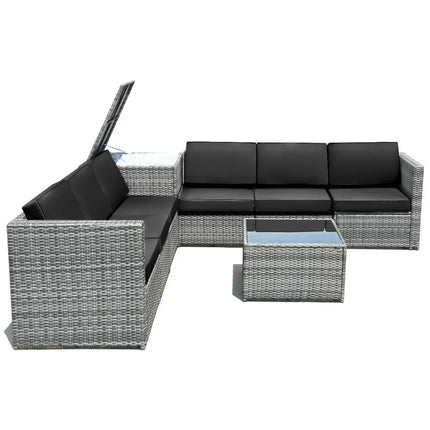 8 Piece Wicker Sofa Rattan Dinning Set Patio Furniture with Storage Table-Black - Black - Outdoor Sectionals