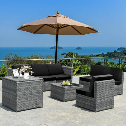 8 Piece Wicker Sofa Rattan Dinning Set Patio Furniture with Storage Table-Black - Black - Outdoor Sectionals