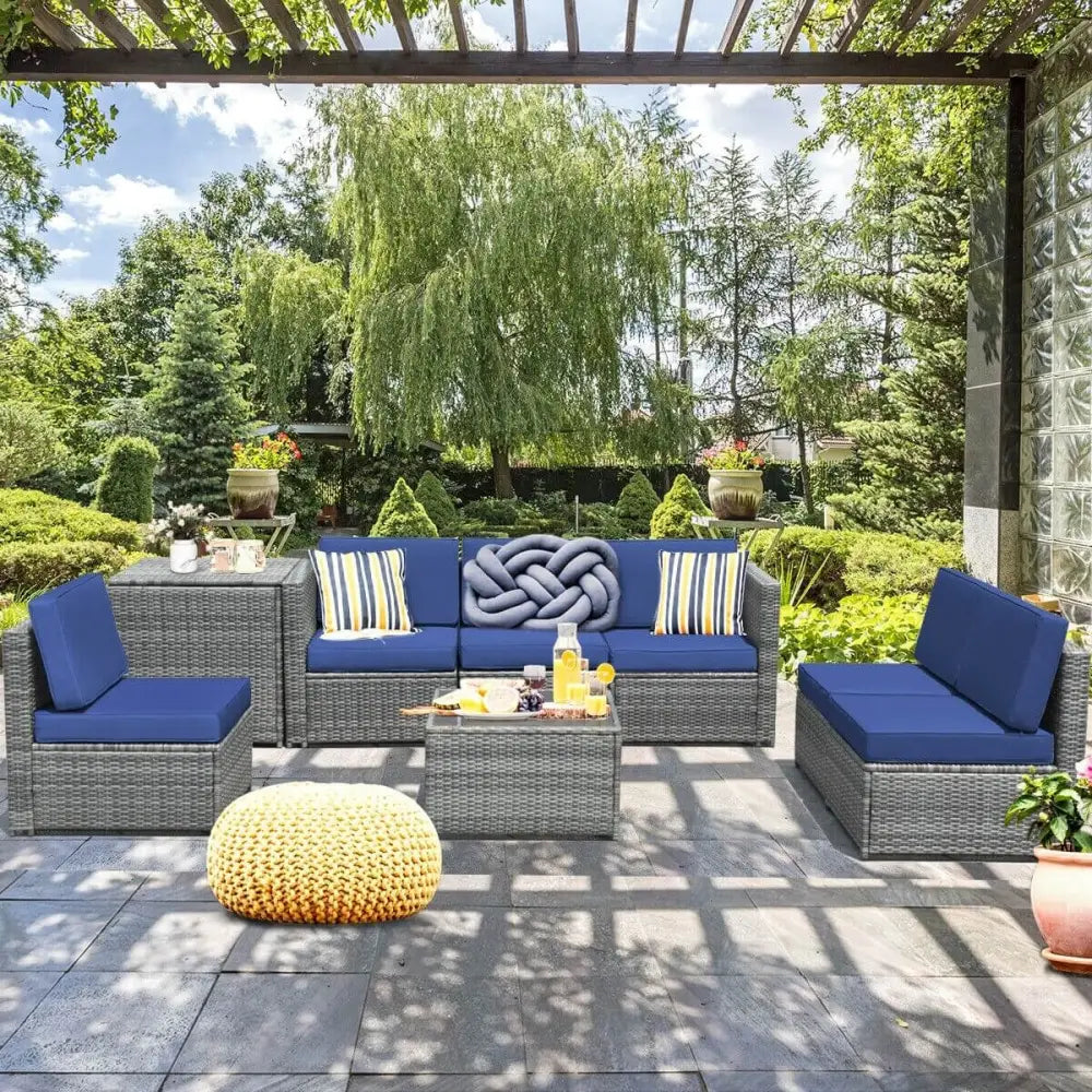8 Piece Wicker Sofa Rattan Dinning Set Patio Furniture with Storage Table-Navy - Navy - Outdoor Sectionals