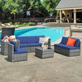 8 Piece Wicker Sofa Rattan Dinning Set Patio Furniture with Storage Table-Navy - Navy - Outdoor Sectionals