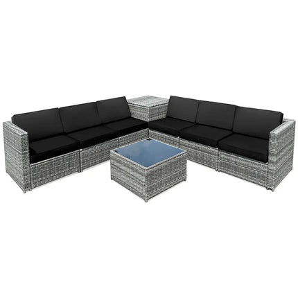 8 Piece Wicker Sofa Rattan Dinning Set Patio Furniture with Storage Table-Black - Black - Outdoor Sectionals