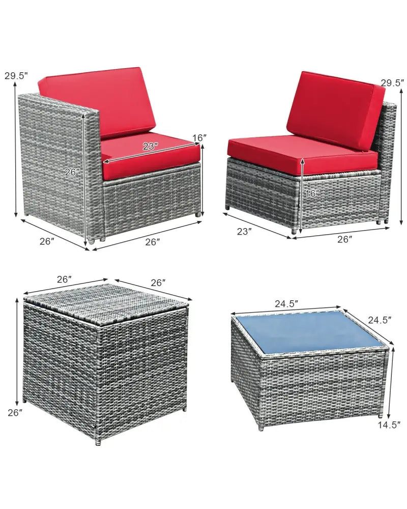 8 Piece Wicker Sofa Rattan Dinning Set Patio Furniture with Storage Table-Red - Red - Outdoor Sectionals
