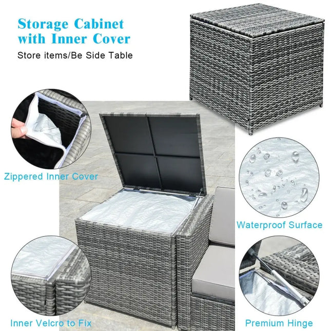 8 Piece Wicker Sofa Rattan Dinning Set Patio Furniture with Storage Table-Turquoise - Turquoise - Outdoor Sectionals