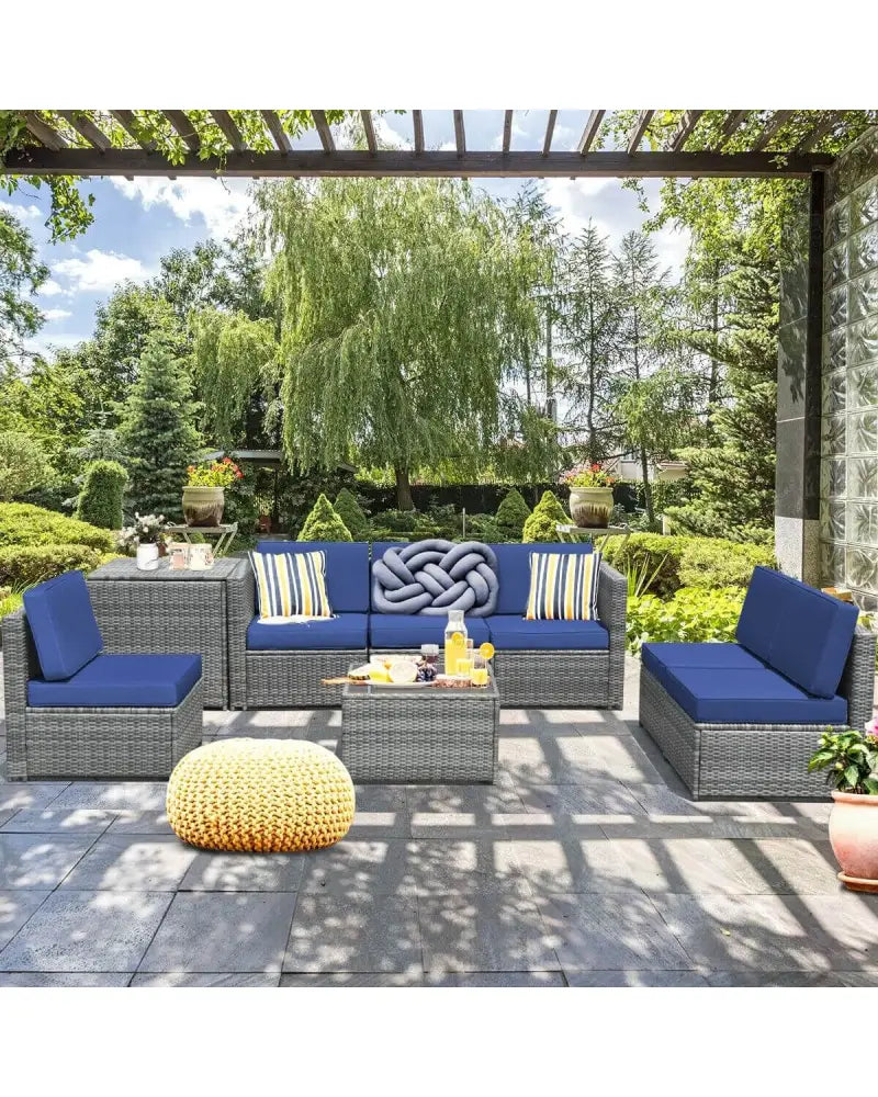 8 Piece Wicker Sofa Rattan Dinning Set Patio Furniture with Storage Table-Navy - Navy - Outdoor Sectionals