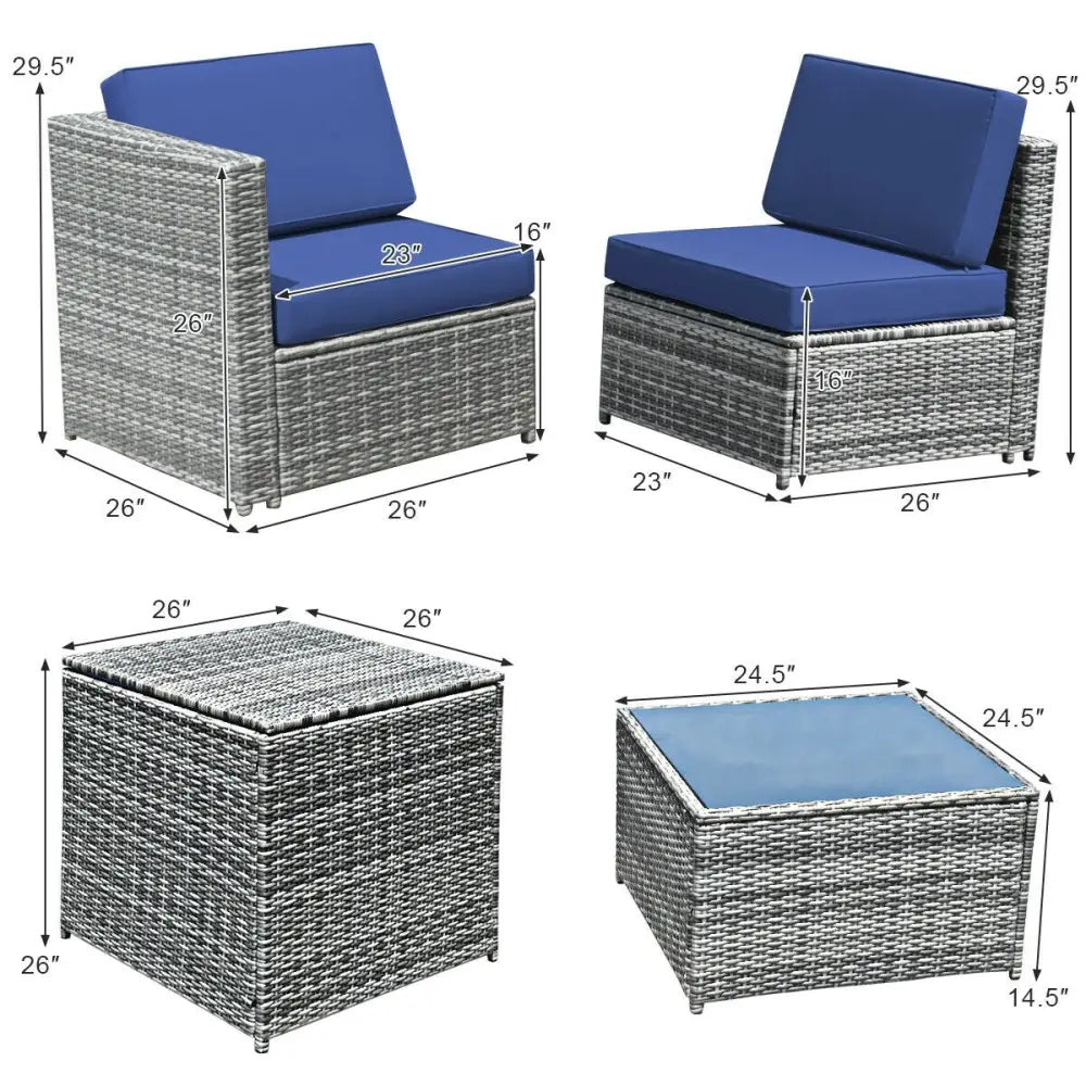 8 Piece Wicker Sofa Rattan Dinning Set Patio Furniture with Storage Table-Navy - Navy - Outdoor Sectionals