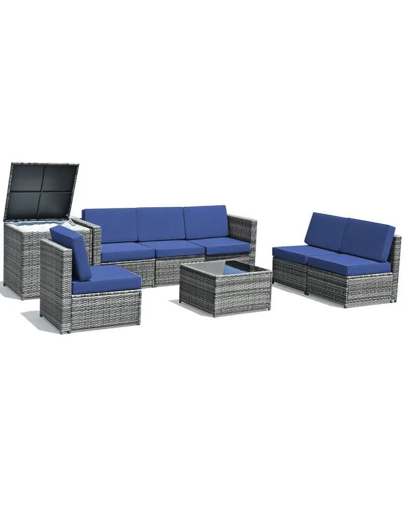 8 Piece Wicker Sofa Rattan Dinning Set Patio Furniture with Storage Table-Navy - Navy - Outdoor Sectionals