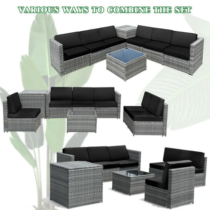 8 Piece Wicker Sofa Rattan Dinning Set Patio Furniture with Storage Table-Black - Black - Outdoor Sectionals
