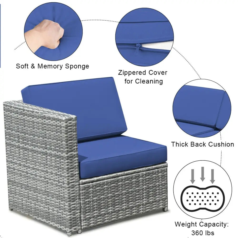 8 Piece Wicker Sofa Rattan Dinning Set Patio Furniture with Storage Table-Navy - Navy - Outdoor Sectionals