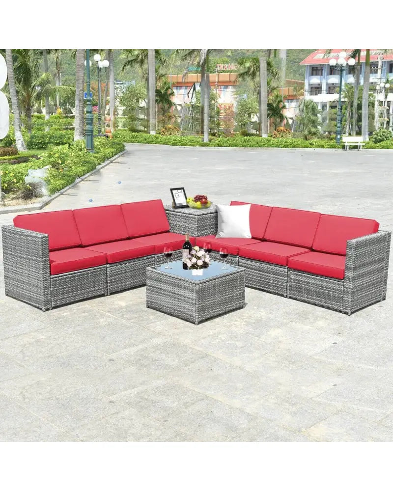 8 Piece Wicker Sofa Rattan Dinning Set Patio Furniture with Storage Table-Red - Red - Outdoor Sectionals