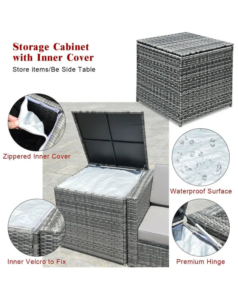 8 Piece Wicker Sofa Rattan Dinning Set Patio Furniture with Storage Table-Red - Red - Outdoor Sectionals