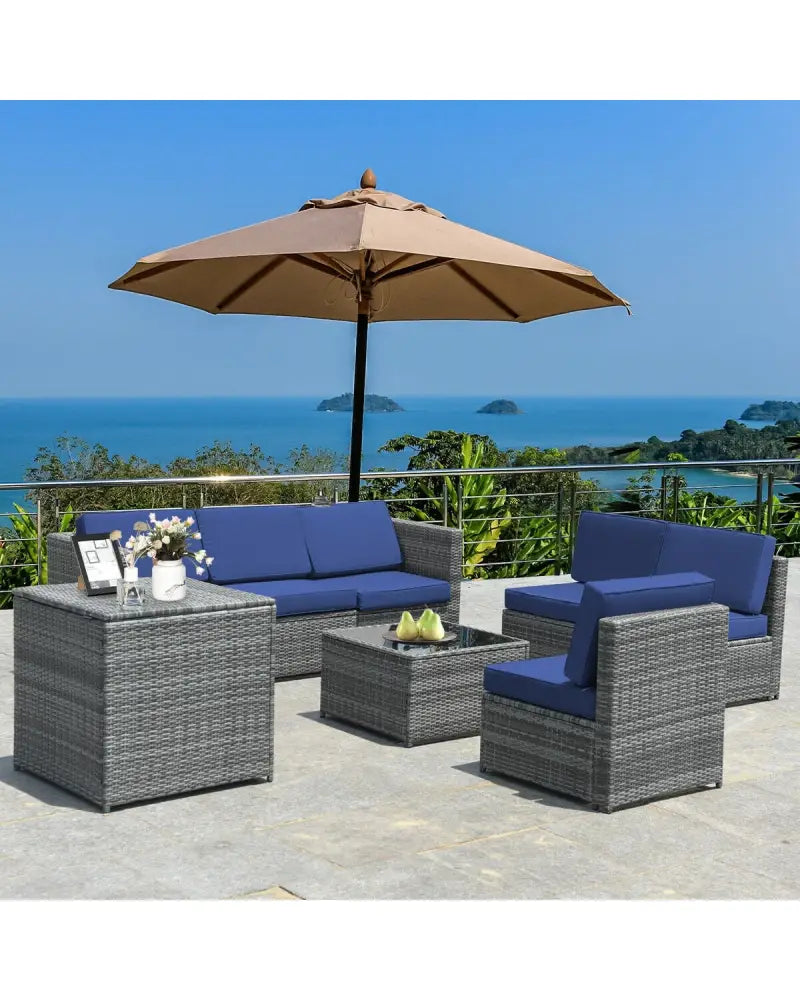 8 Piece Wicker Sofa Rattan Dinning Set Patio Furniture with Storage Table-Navy - Navy - Outdoor Sectionals