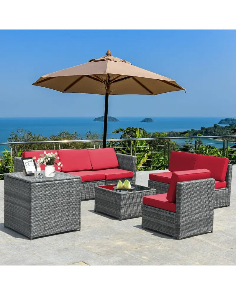 8 Piece Wicker Sofa Rattan Dinning Set Patio Furniture with Storage Table-Red - Red - Outdoor Sectionals
