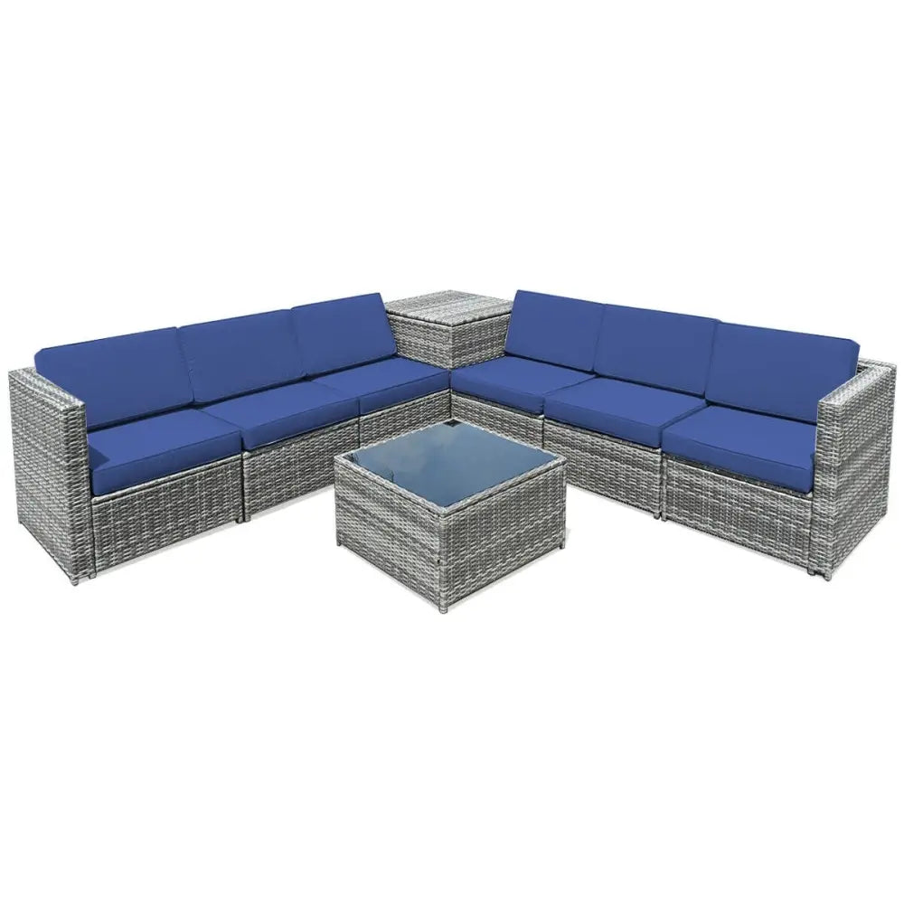 8 Piece Wicker Sofa Rattan Dinning Set Patio Furniture with Storage Table-Navy - Navy - Outdoor Sectionals