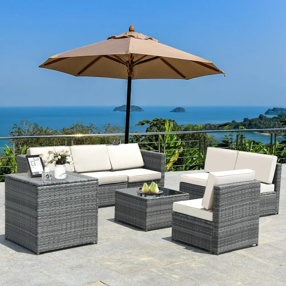 8 Piece Wicker Sofa Rattan Dinning Set Patio Furniture with Storage Table-White - White - Outdoor Sectionals