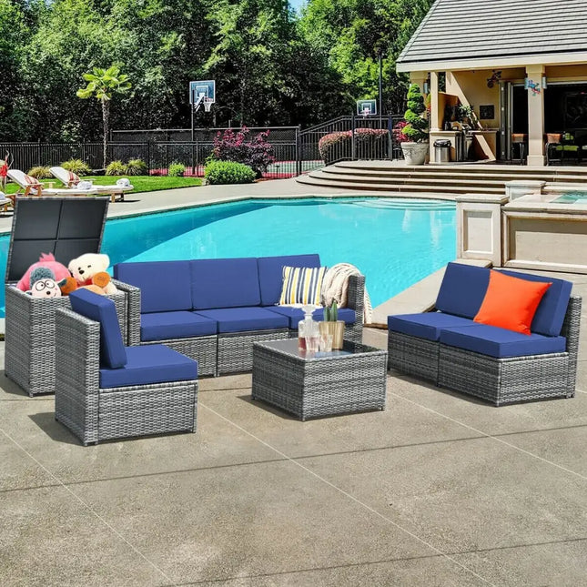 8 Piece Wicker Sofa Rattan Dinning Set Patio Furniture with Storage Table-Navy - Navy - Outdoor Sectionals