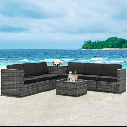 8 Piece Wicker Sofa Rattan Dinning Set Patio Furniture with Storage Table-Black - Black - Outdoor Sectionals