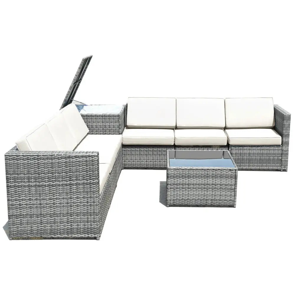 8 Piece Wicker Sofa Rattan Dinning Set Patio Furniture with Storage Table-White - White - Outdoor Sectionals