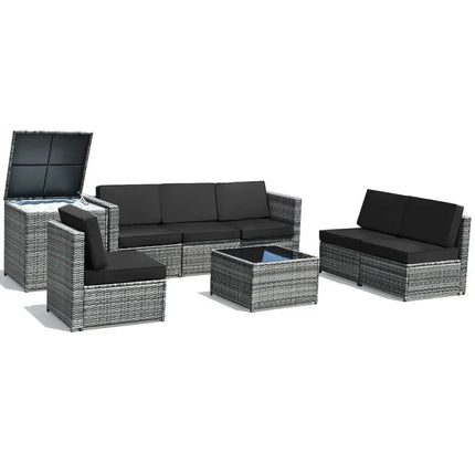 8 Piece Wicker Sofa Rattan Dinning Set Patio Furniture with Storage Table-Black - Black - Outdoor Sectionals