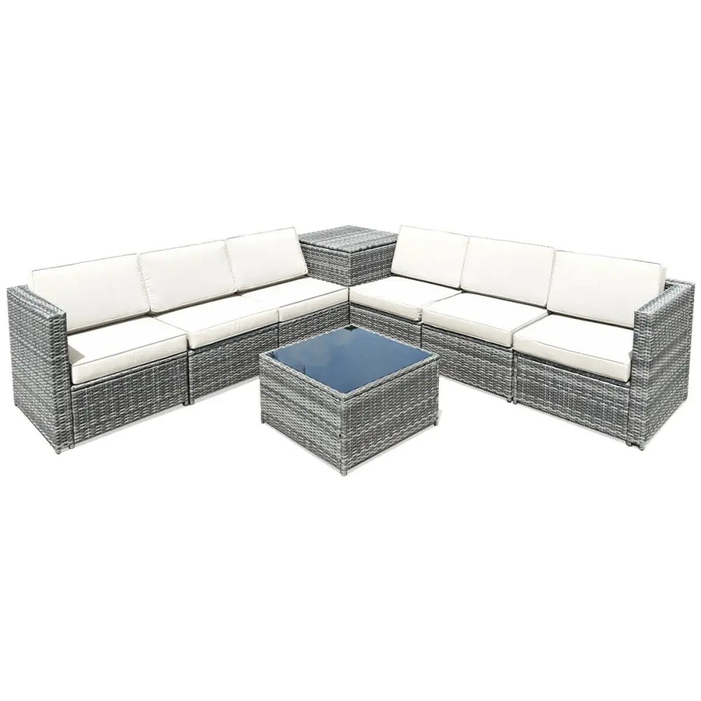 8 Piece Wicker Sofa Rattan Dinning Set Patio Furniture with Storage Table-White - White - Outdoor Sectionals