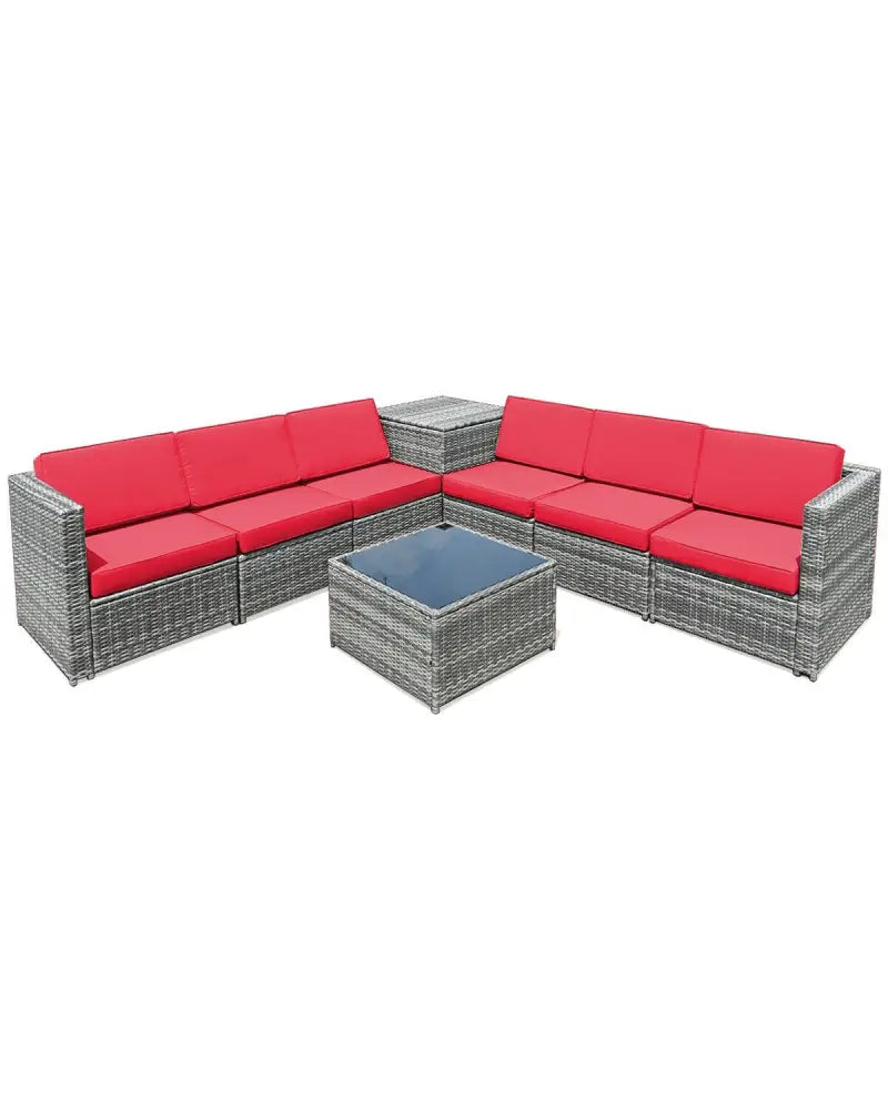 8 Piece Wicker Sofa Rattan Dinning Set Patio Furniture with Storage Table-Red - Red - Outdoor Sectionals