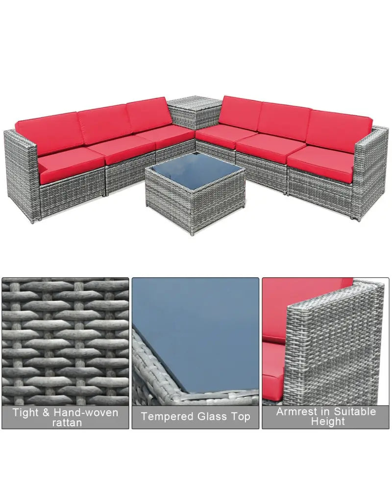 8 Piece Wicker Sofa Rattan Dinning Set Patio Furniture with Storage Table-Red - Red - Outdoor Sectionals