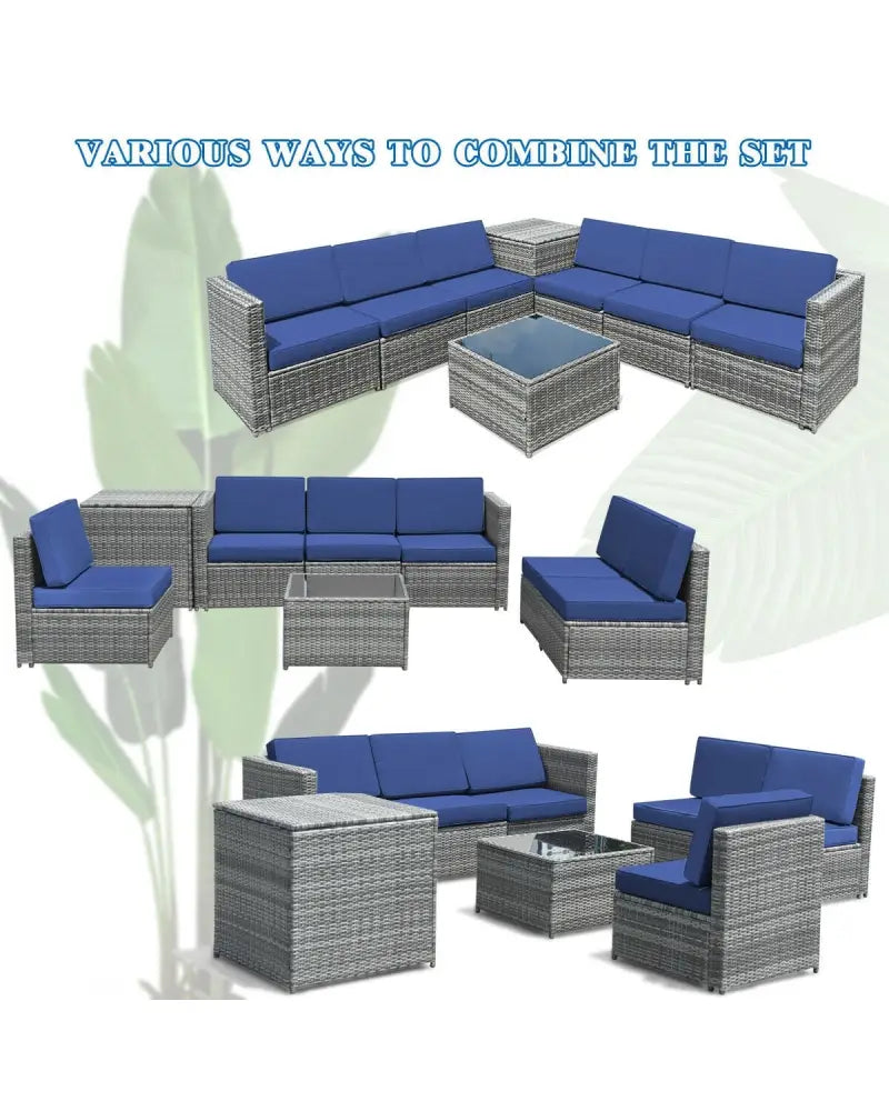 8 Piece Wicker Sofa Rattan Dinning Set Patio Furniture with Storage Table-Navy - Navy - Outdoor Sectionals