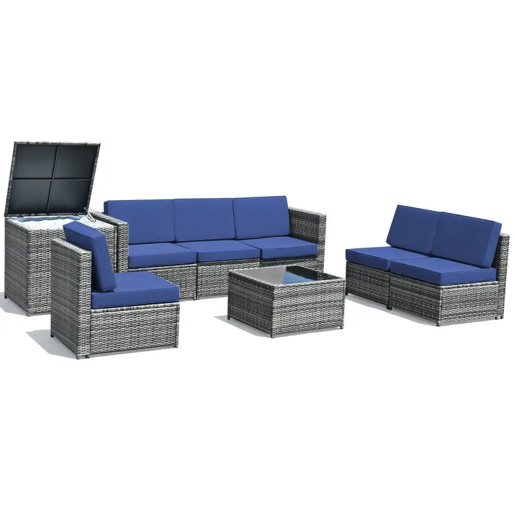 8 Piece Wicker Sofa Rattan Dinning Set Patio Furniture with Storage Table-Navy - Navy - Outdoor Sectionals