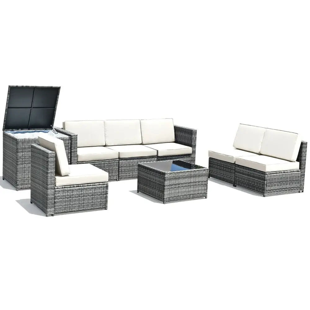 8 Piece Wicker Sofa Rattan Dinning Set Patio Furniture with Storage Table-White - White - Outdoor Sectionals