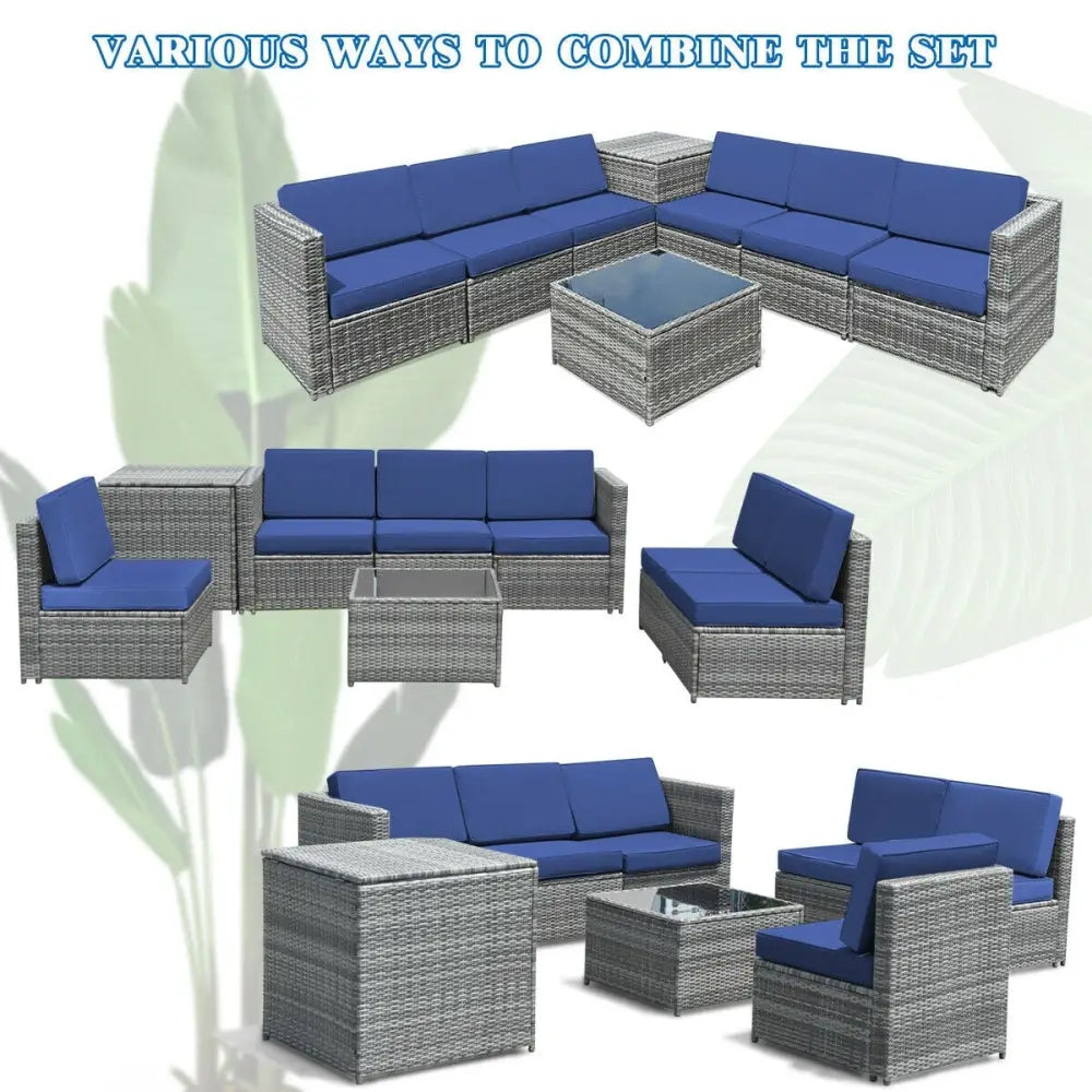 8 Piece Wicker Sofa Rattan Dinning Set Patio Furniture with Storage Table-Navy - Navy - Outdoor Sectionals