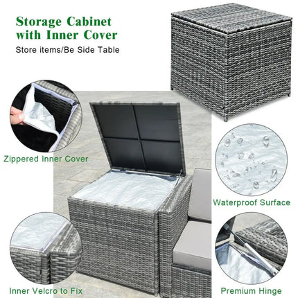 8 Piece Wicker Sofa Rattan Dinning Set Patio Furniture with Storage Table-Black - Black - Outdoor Sectionals